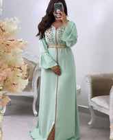 Beading Green Moroccan Kaftan Formal Evening Dresses with Long Sleeve Prom Special Occasion Gowns Mother Dress Vintage